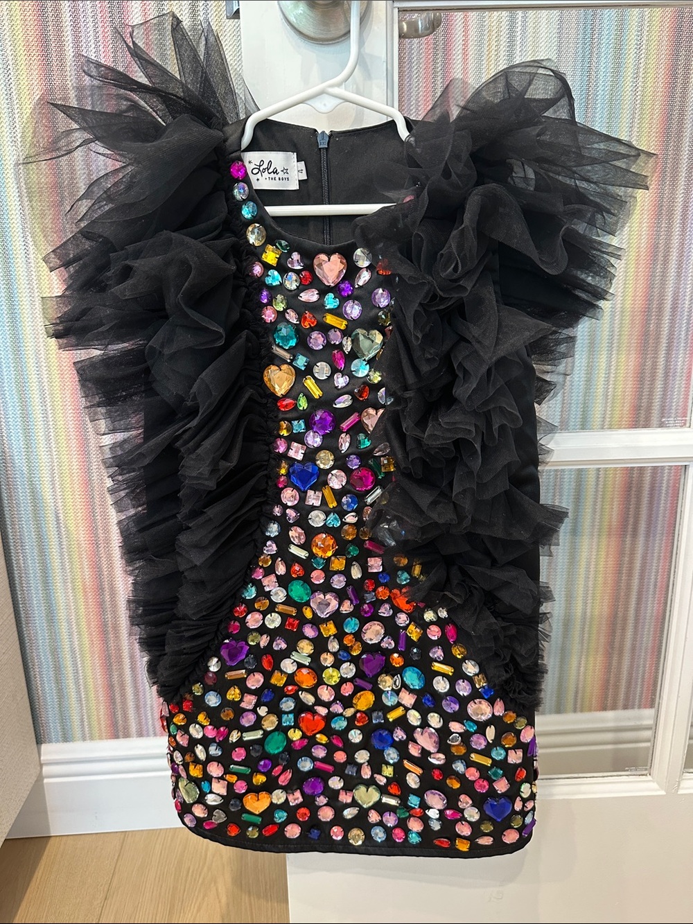 Lola and the Boys Black Tulle Jeweled Kids Dress with Multicolor Gems